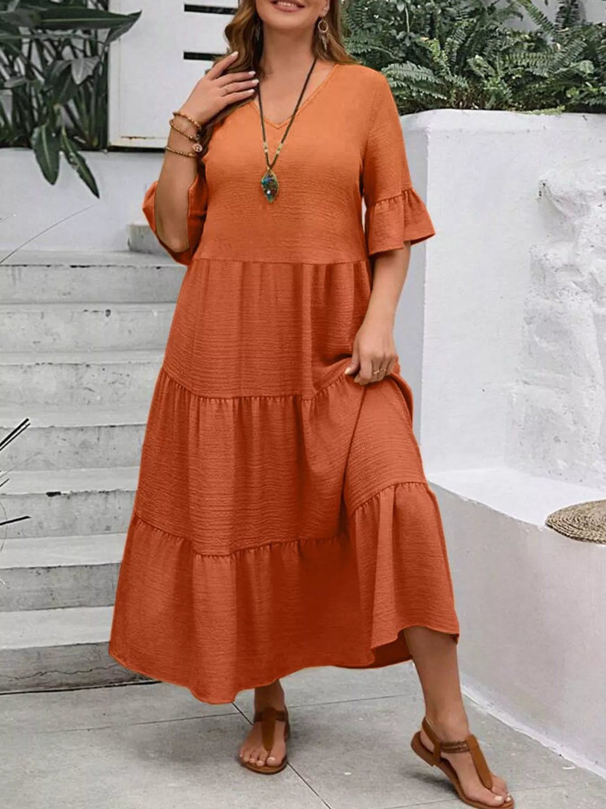 Plus Size Ruffle Sleeve Tiered Midi Dress, view 23