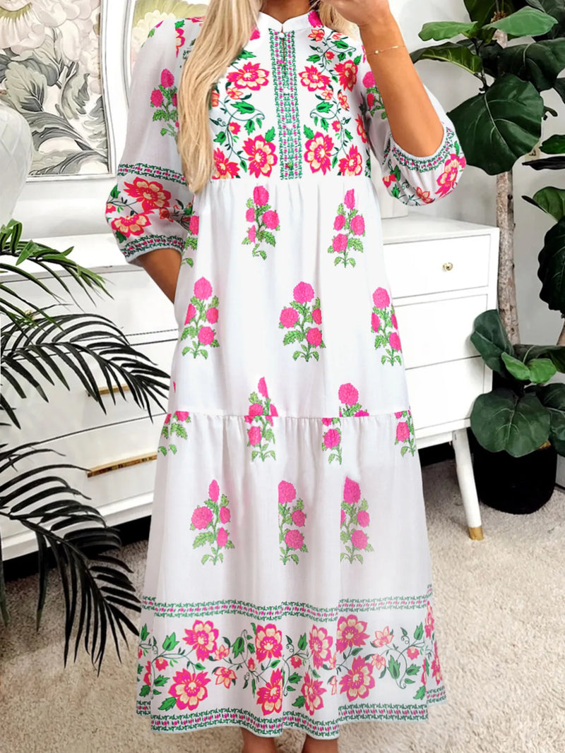 Floral Half Button Mandarin Neck Maxi Dress, front view