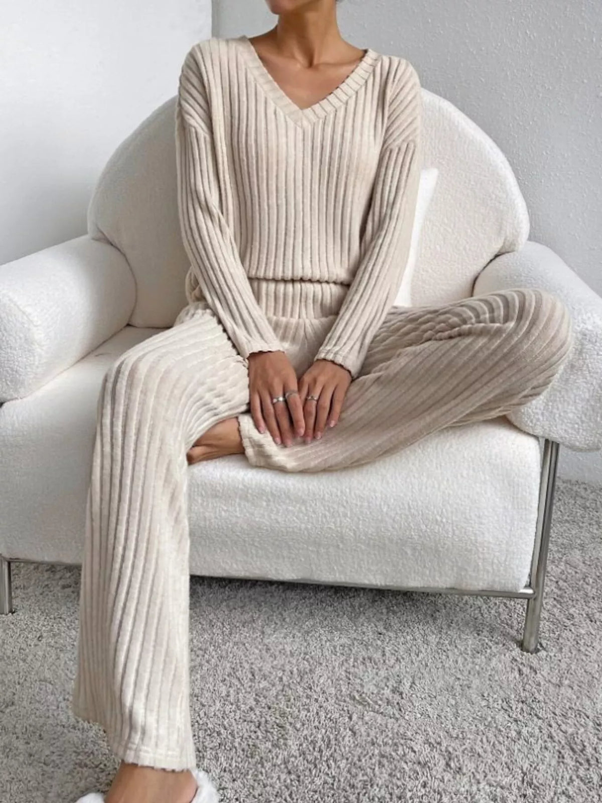 Ribbed knit V neck top and pants set front view