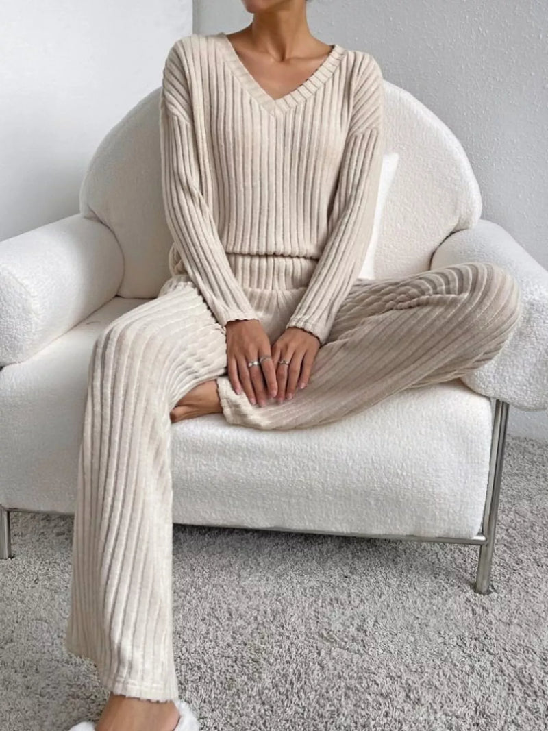 Ribbed knit V neck top and pants set front view