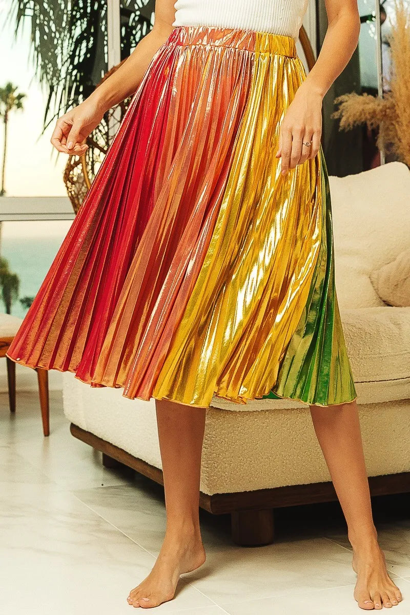 BiBi Metallic Color Block Pleats Midi Skirt - Fashorio