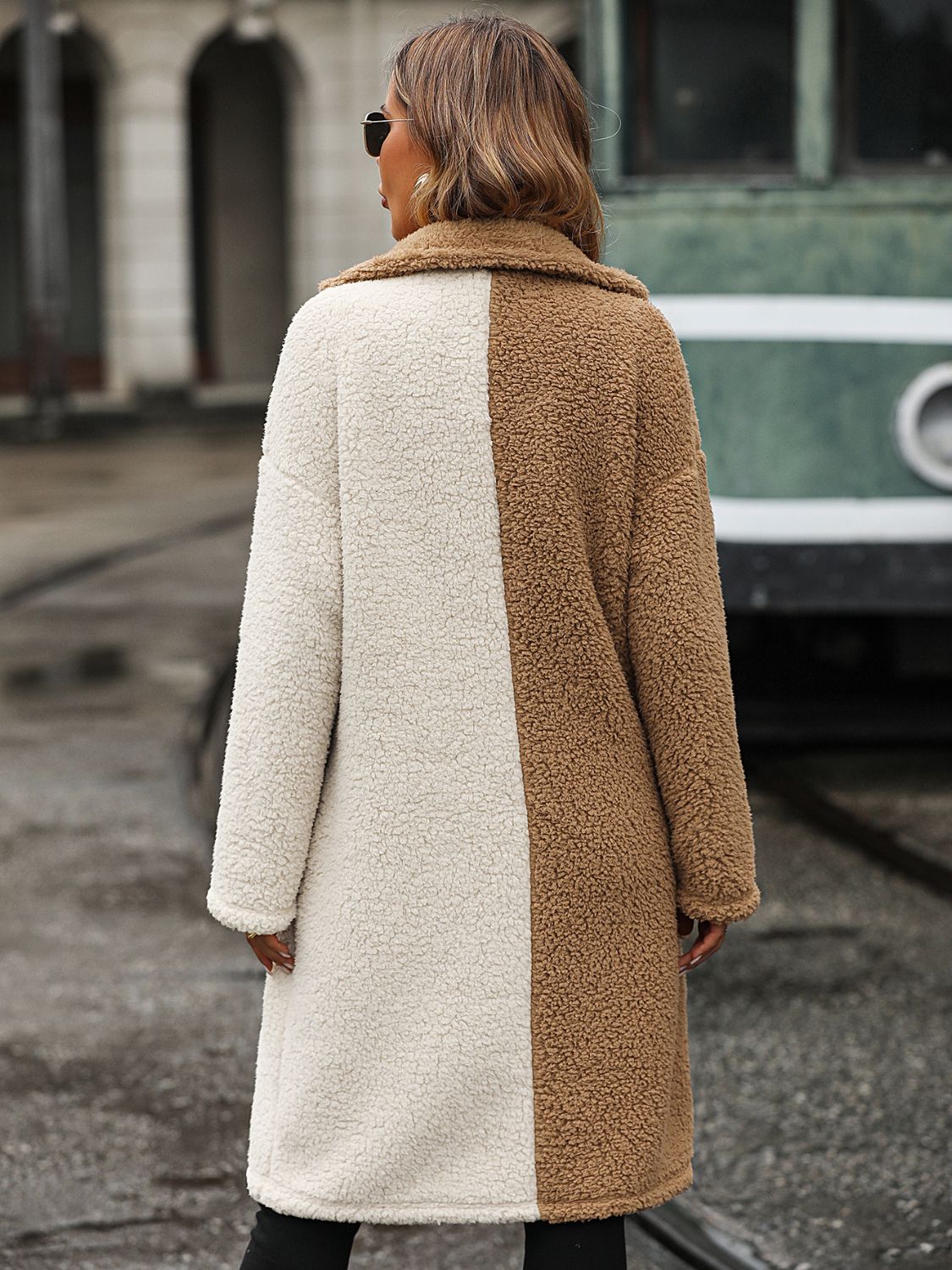 Contrast Dropped Shoulder Sherpa Coat - Fashorio
