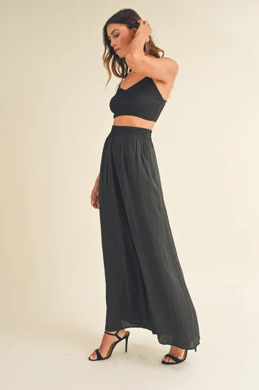 MABLE Smocked Bralette Crop Top and Wide Leg Pants Set - Fashorio