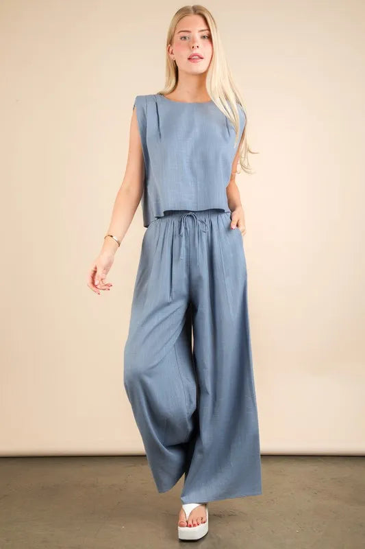 VERY J Solid Woven Top & Pants Set Denim - Fashorio