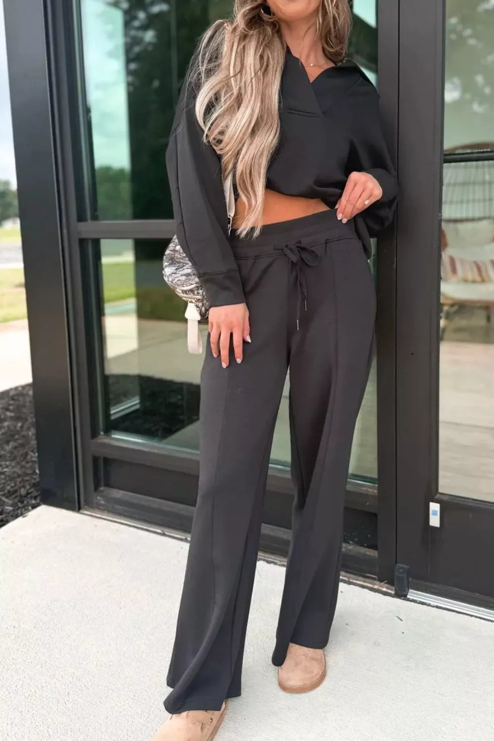 Collared V Neck Sweatshirt and Sweatpants Set, view 4