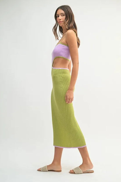 MABLE Ribbed Knit Color Block Cutout Midi Dress - Fashorio