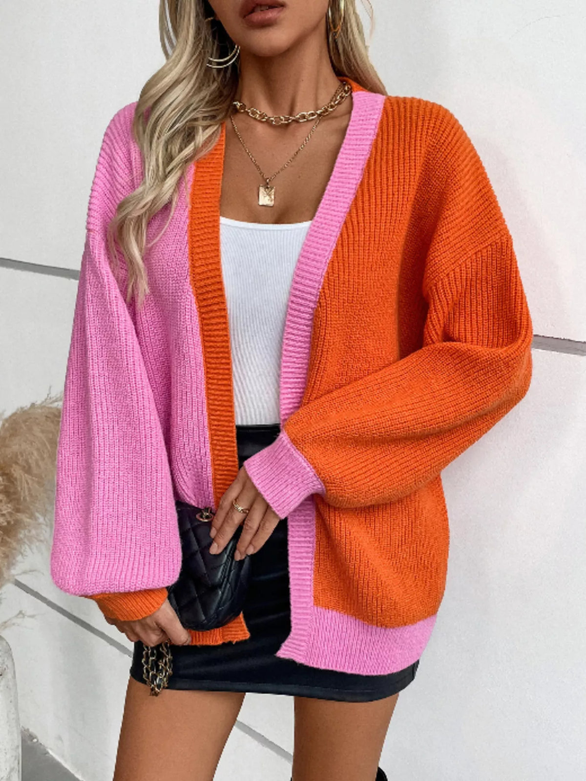 Color block open front knit cardigan front view