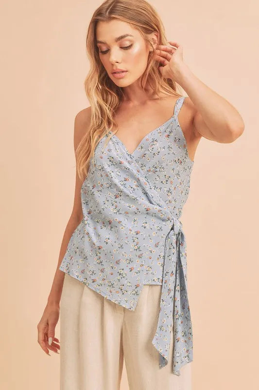 Surplice neckline detail on floral cami top