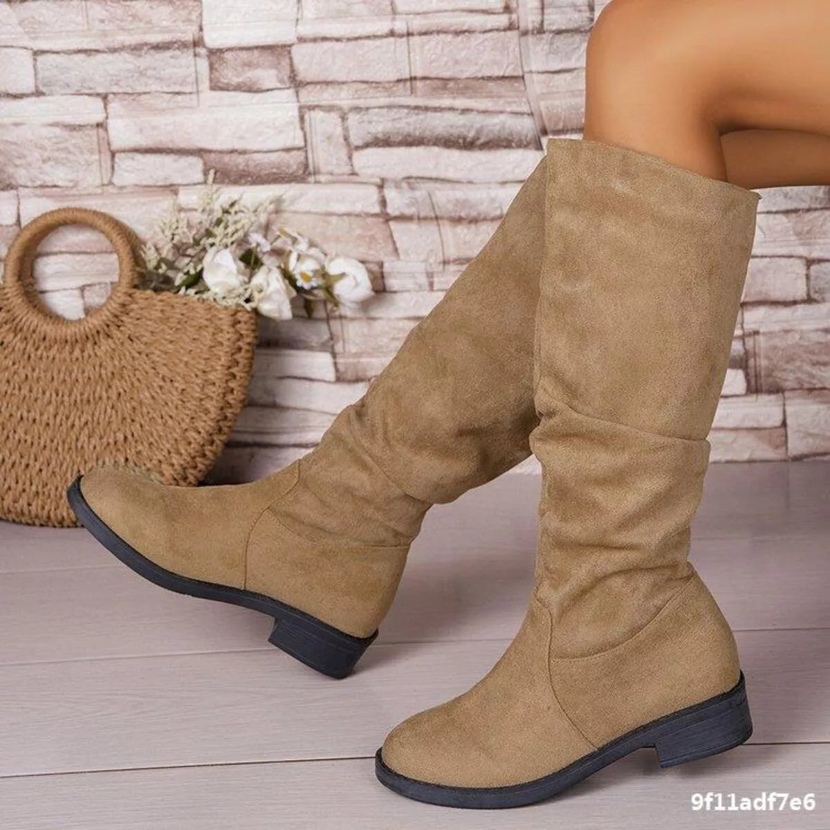 suede round toe block heel boots angled pair