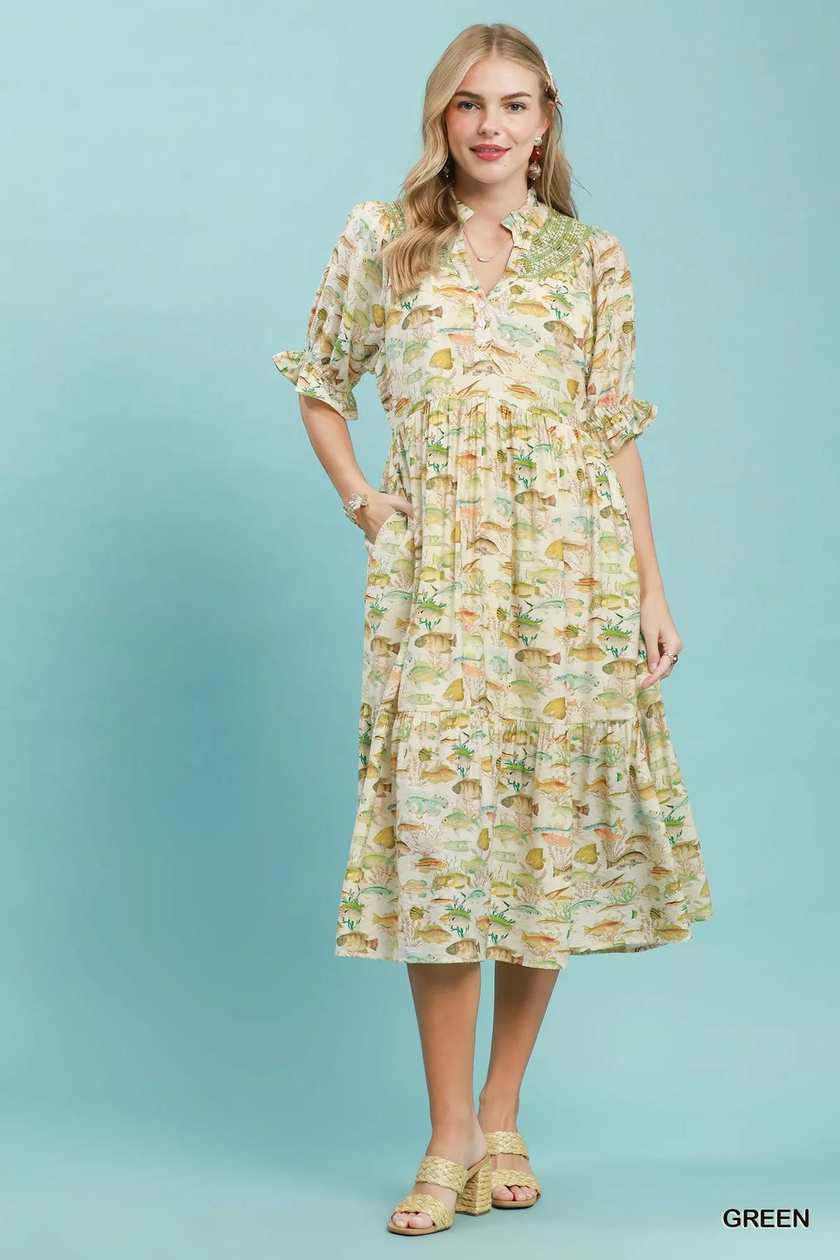 Green tiered midi dress smocked placket detail
