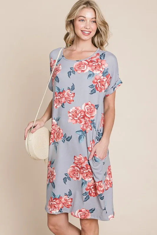 Floral Tee Dress with Pockets in Gray back view