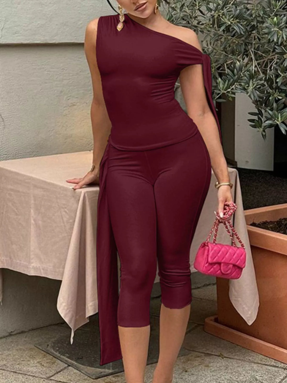 Asymmetrical One Shoulder Top and Capri Two Piece Set, view 15