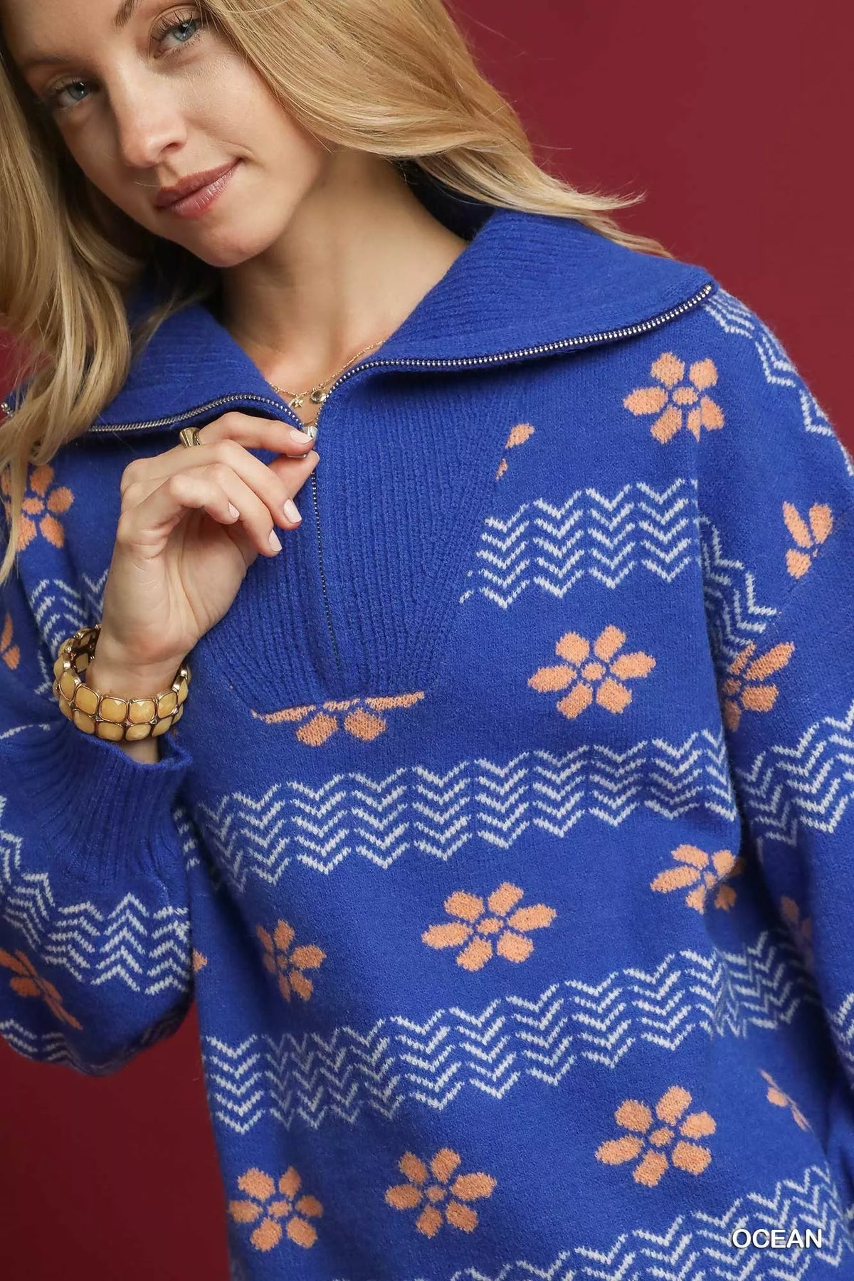 Floral Jacquard Quarter Zip Pullover in Ocean Blue on model