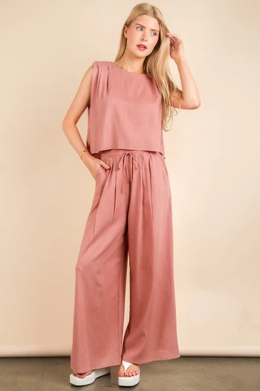 VERY J Solid Woven Top & Pants Set Mauve - Fashorio