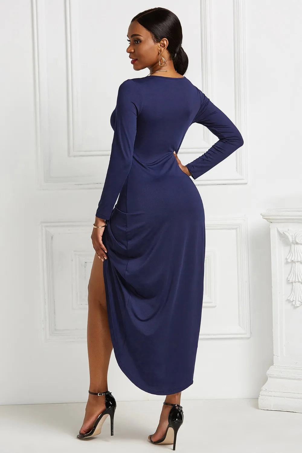 Surplice wrap dress neckline close up