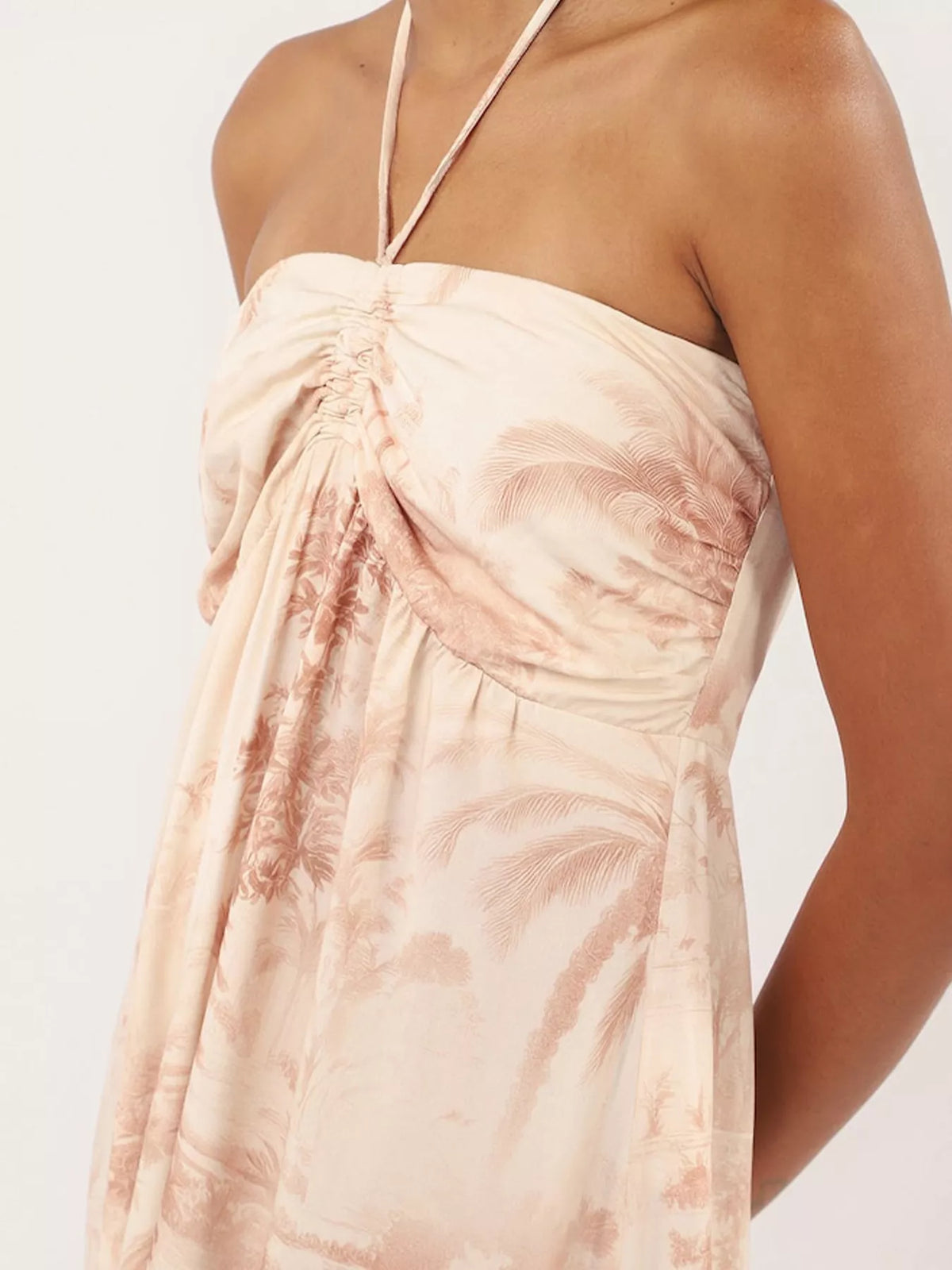 tan tropical print halter neck smocked maxi dress side view