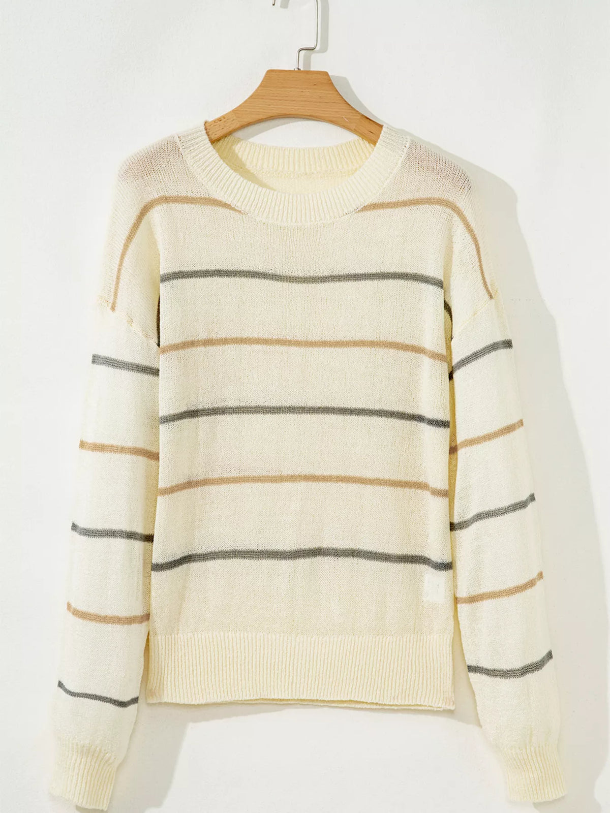 Striped ribbed drop shoulder sweater, sleeve and cuff detail