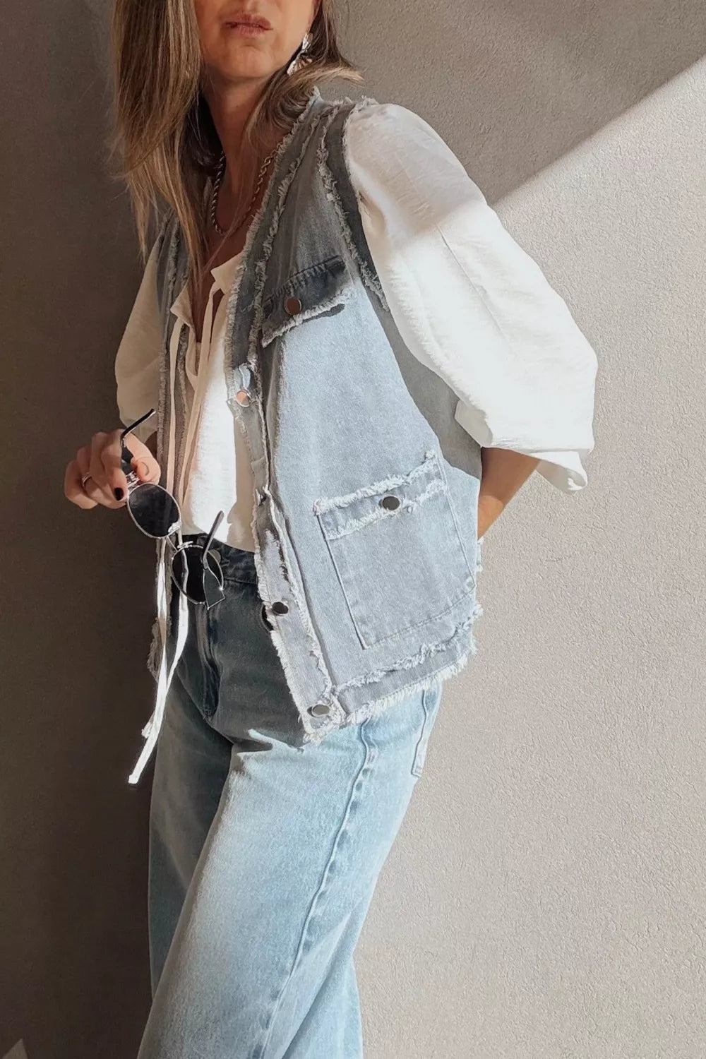 Frayed Flap Pocket Denim Vest in Light Blue side view