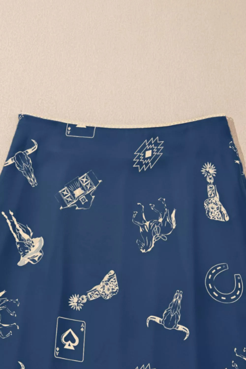 Navy western print satin maxi skirt, side view