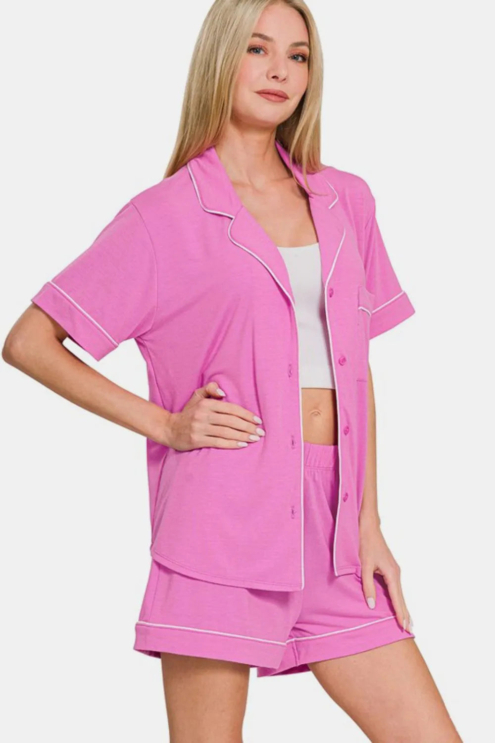 Zenana Button Down Short Sleeve Top and Shorts Lounge Set - Fashorio