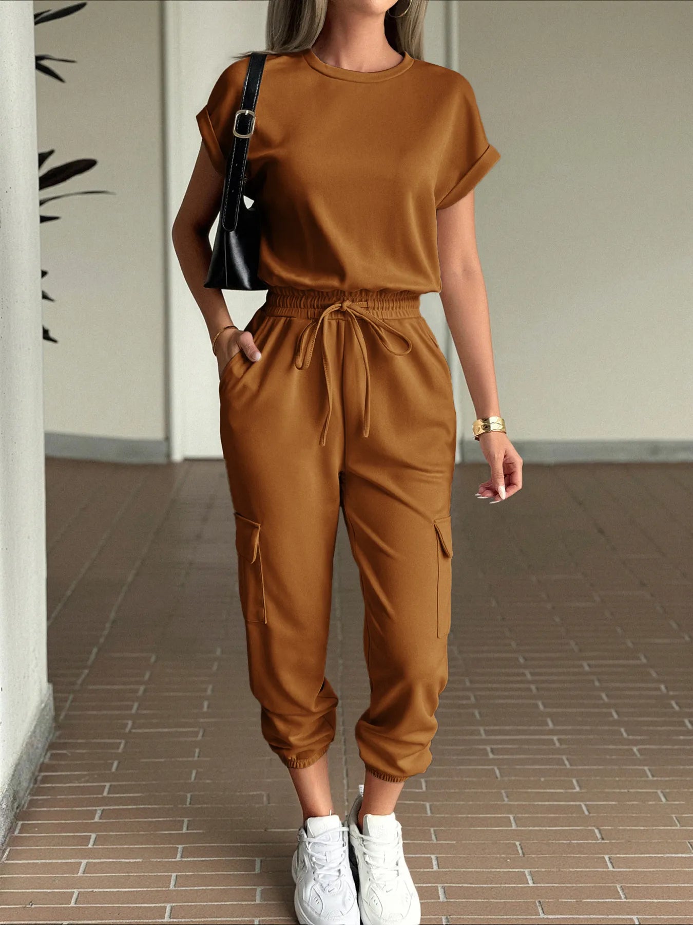 Round Neck Short Sleeve Top and Pants Set Brown - Fashorio