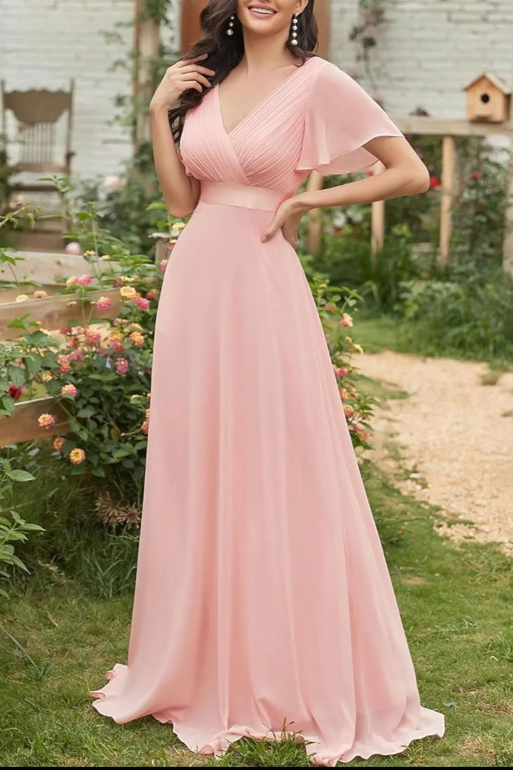 surplice flutter sleeve maxi dress front view
