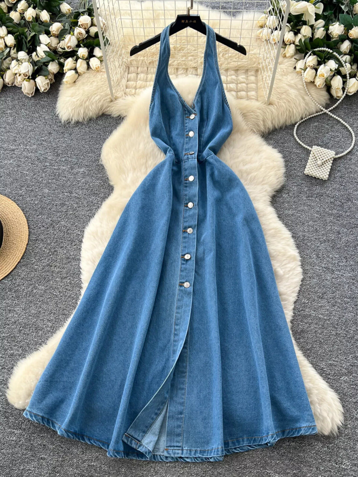 Blue halter neck button down denim dress front view
