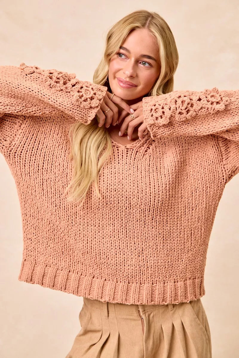 Chunky Knit Sweater with Floral Sleeves in Dusty Peach view 15