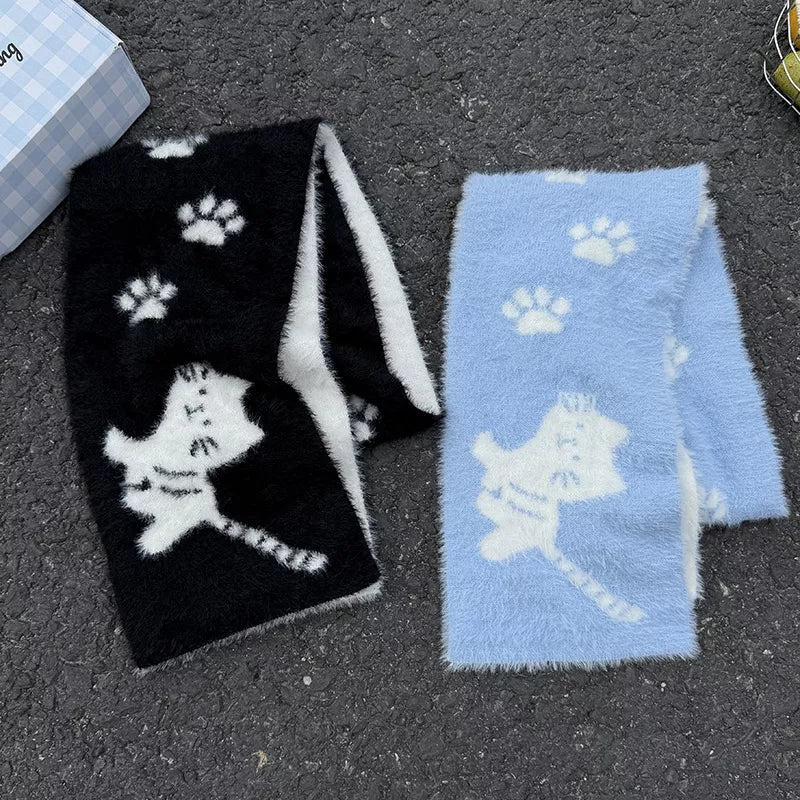 Cute cat paw print plush scarf shown wrapped around the neck