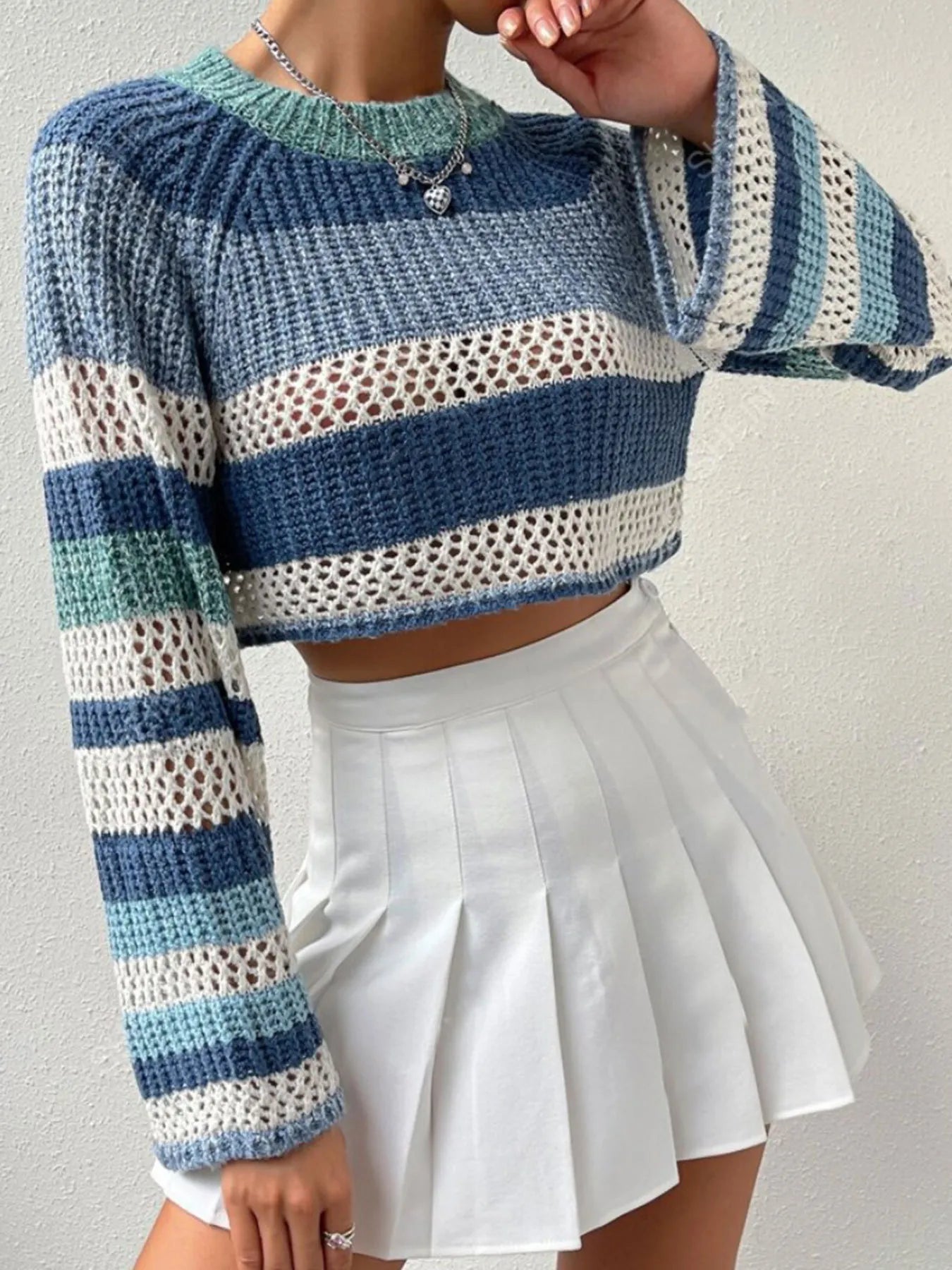 Openwork Striped Color Block Crop Sweater - Fashorio