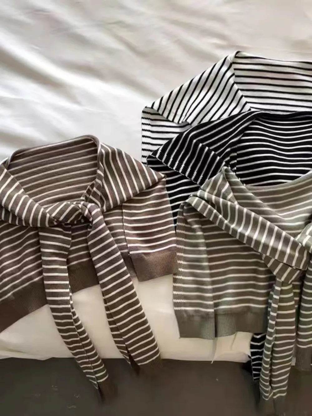 Striped contrast knit wrap front view