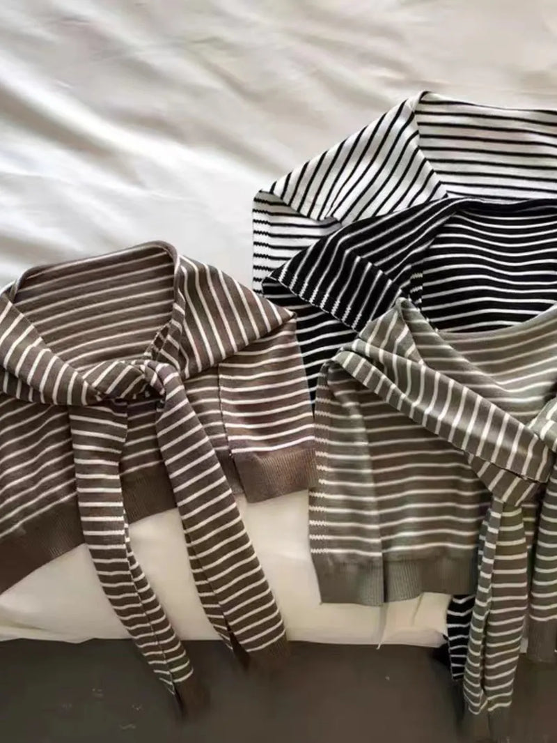 Striped contrast knit wrap front view