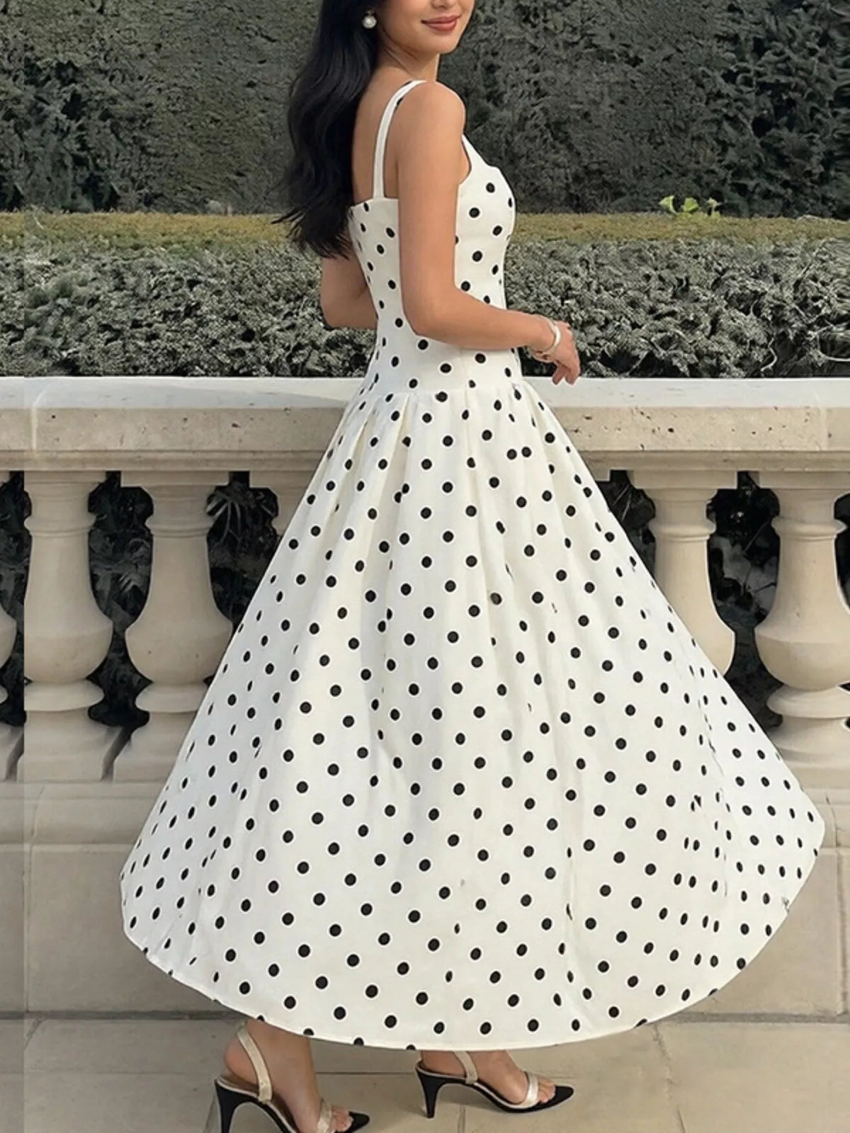 cream polka dot square neck maxi dress back view