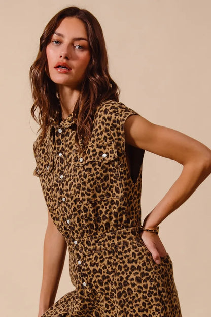 SO ME Wide Leg Leopard Twill Overalls Jumpsuit with Tuck - Fashorio