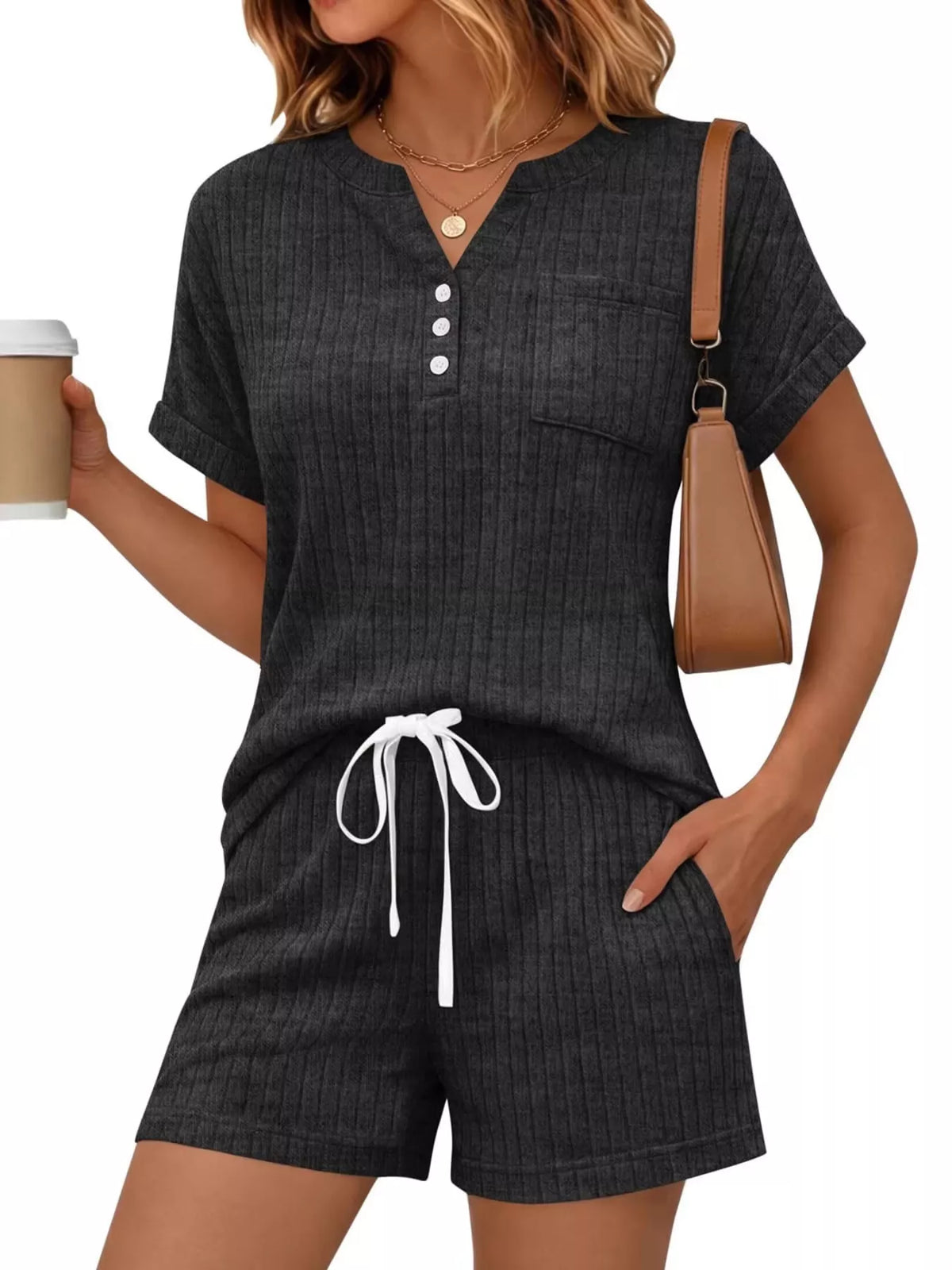 Ribbed Knit Tee and Shorts Two Piece Set, view 10