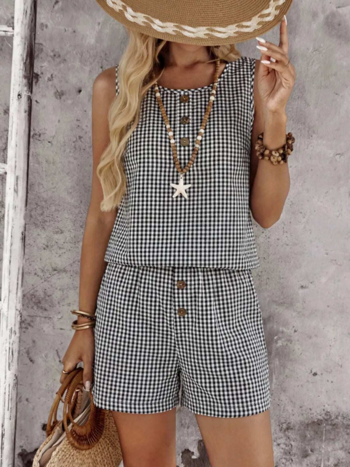 Gingham two piece top and shorts side view
