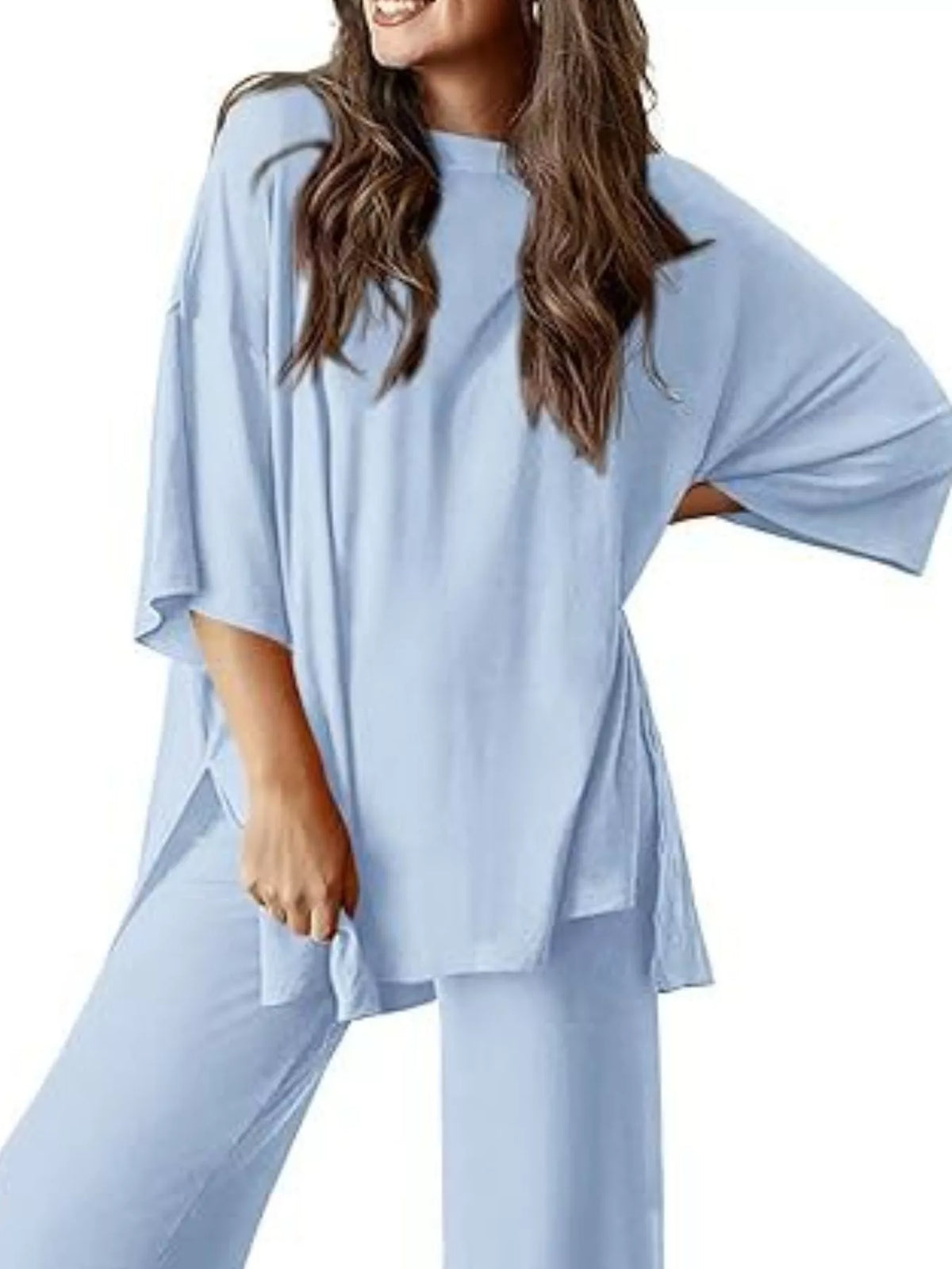 Relaxed Fit Round Neck Top and Pants Set, view 13