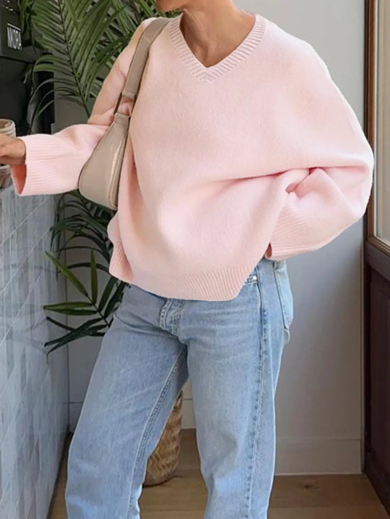 V-Neck Long Sleeve Sweater Pink - Fashorio