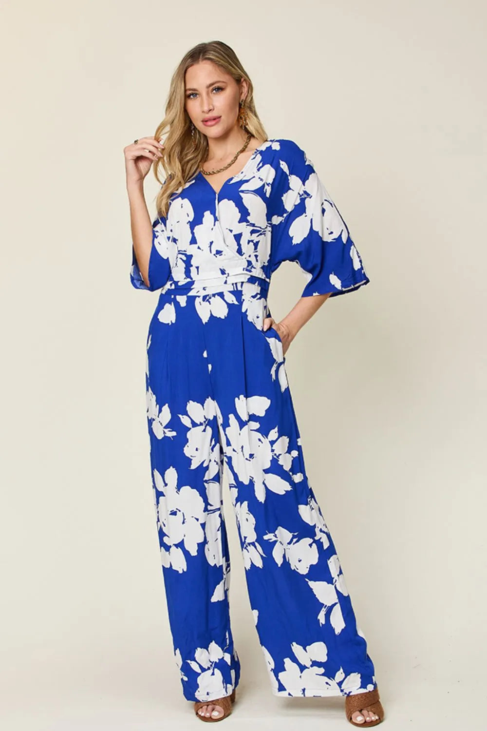 Printed tie back wide leg jumpsuit front view