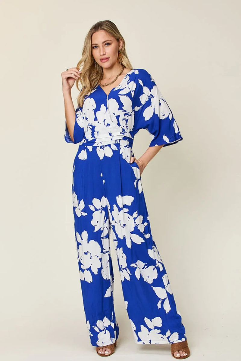 Printed tie back wide leg jumpsuit front view