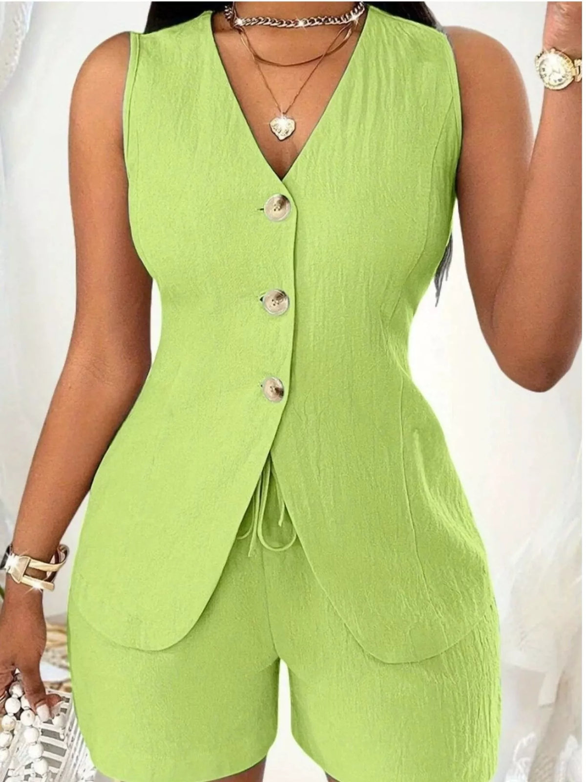 Sleeveless Button Down Vest and Shorts Set, view 19