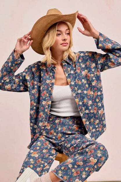 BiBi Washed Floral Print Denim Jacket - Fashorio