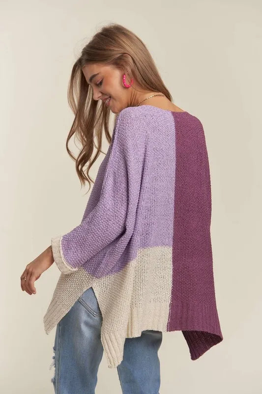 Side Slit Color Block Long Sleeve Sweater in Deep Purple side view