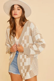 Annie Wear Checkered Open Front Drop Shoulder Cardigan Tan - Fashorio