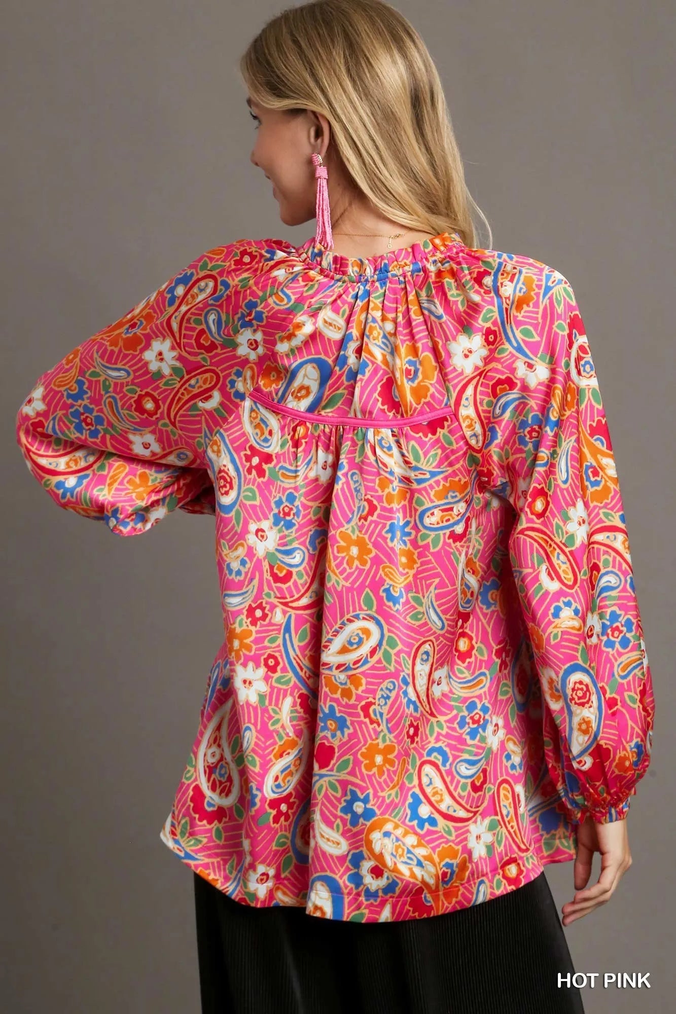 Umgee Full Size Satin Paisley Ruffle Neck Button-Up Shirt Plus Size - Fashorio