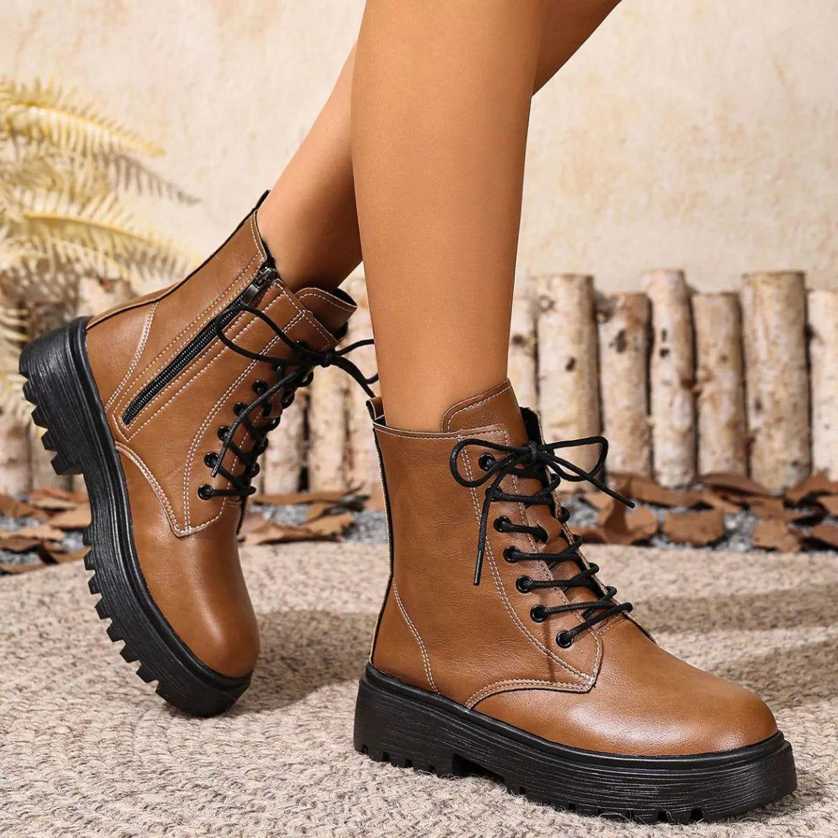 Khaki round toe block heels boots front facing view