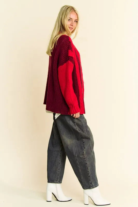 Davi & Dani Cable-Knit Color Block Open Front Cardigan - Fashorio