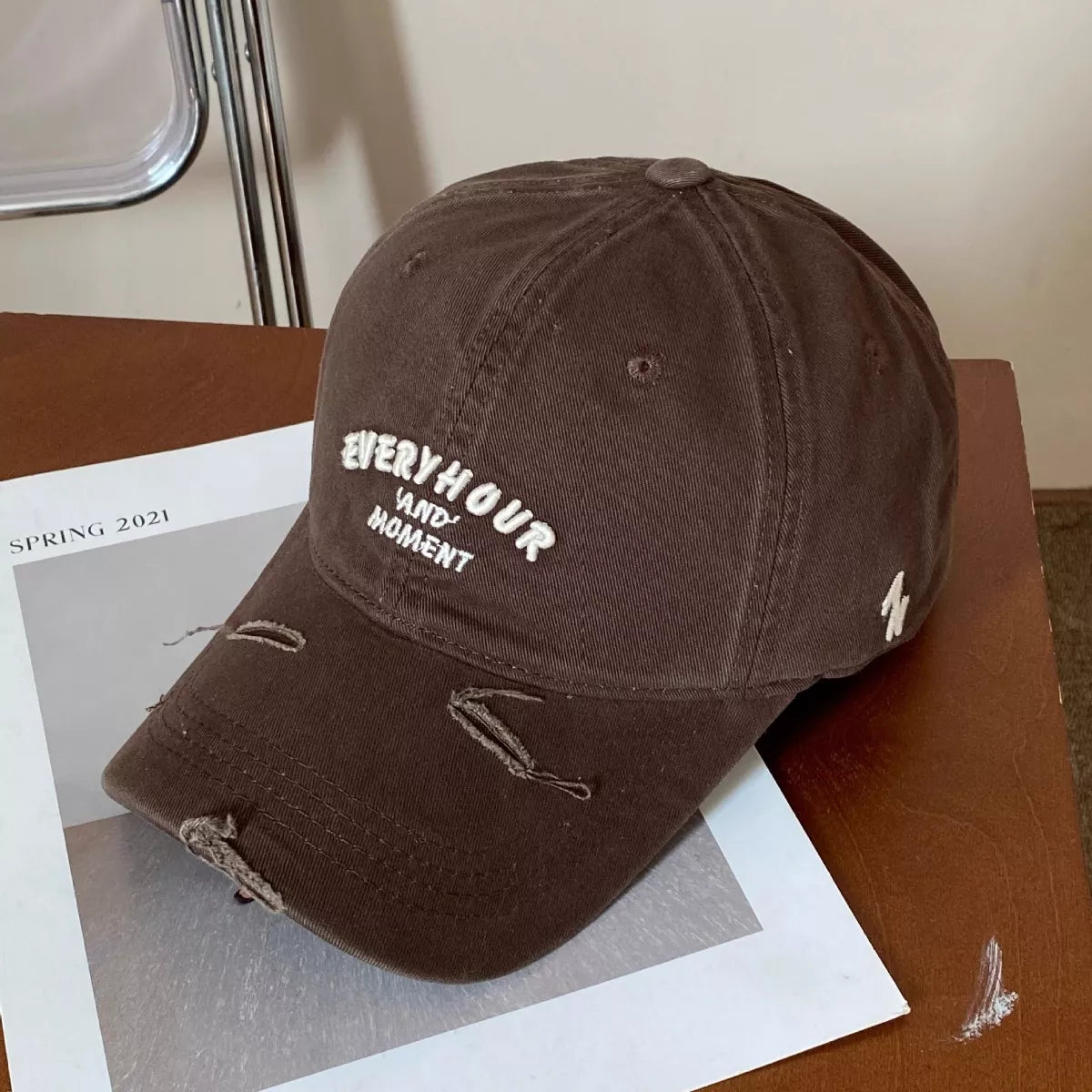 Back view of the distressed baseball cap