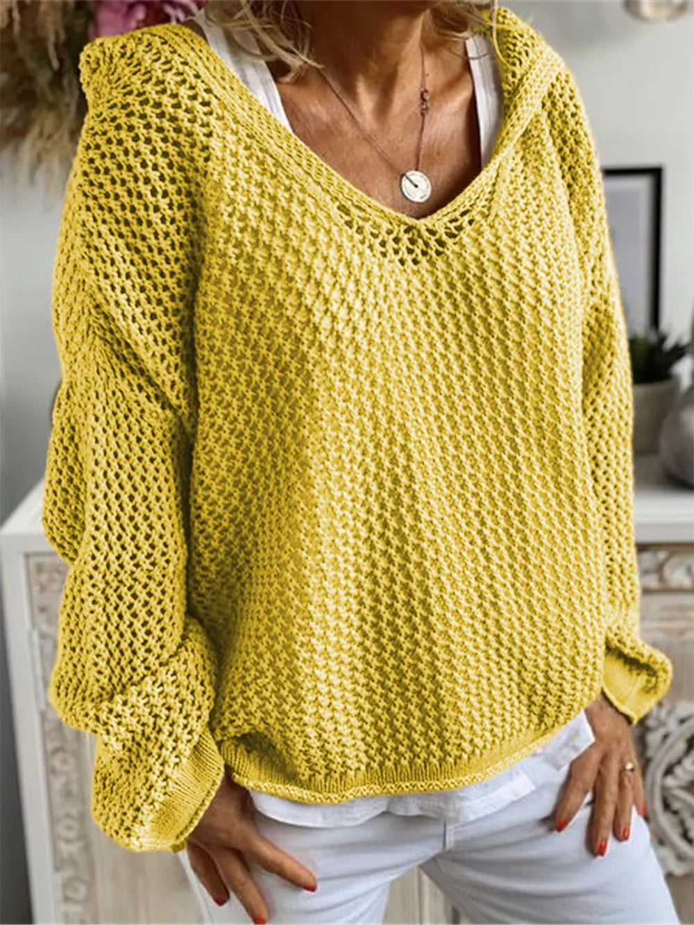 Openwork Hooded Long Sleeve Sweater Yellow - Fashorio