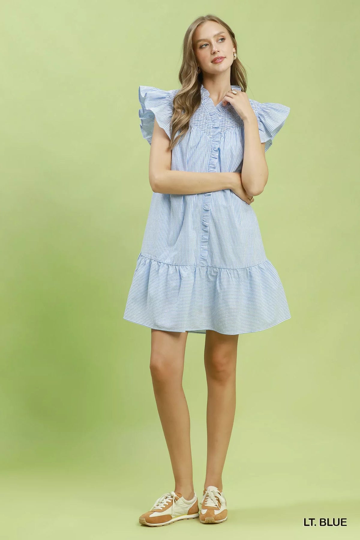 Light blue striped smocked yoke ruffle dress styled view